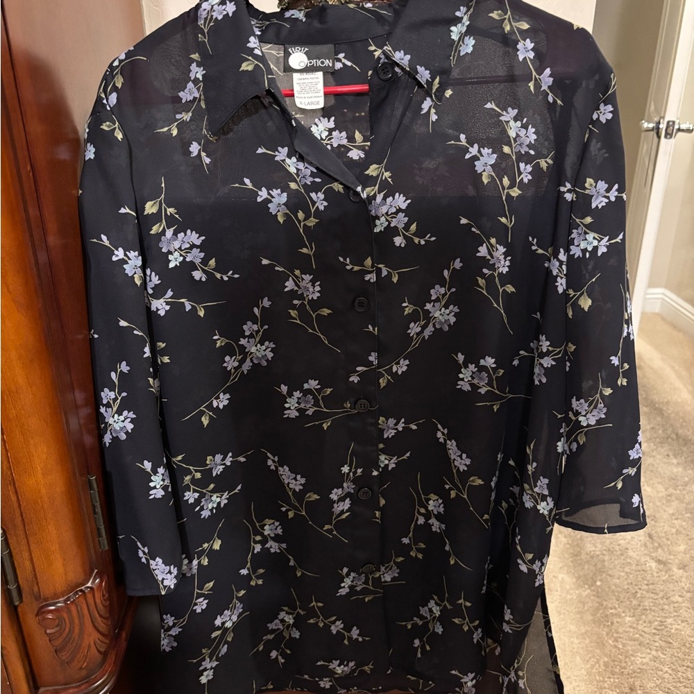 Black Floral Button-Up Blouse with Lilac Accents